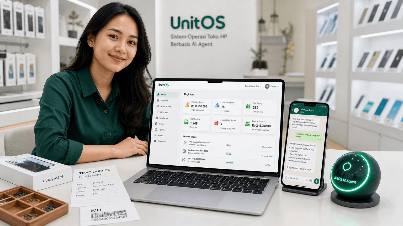 UnitOS AI Agent untuk toko gadget dan service